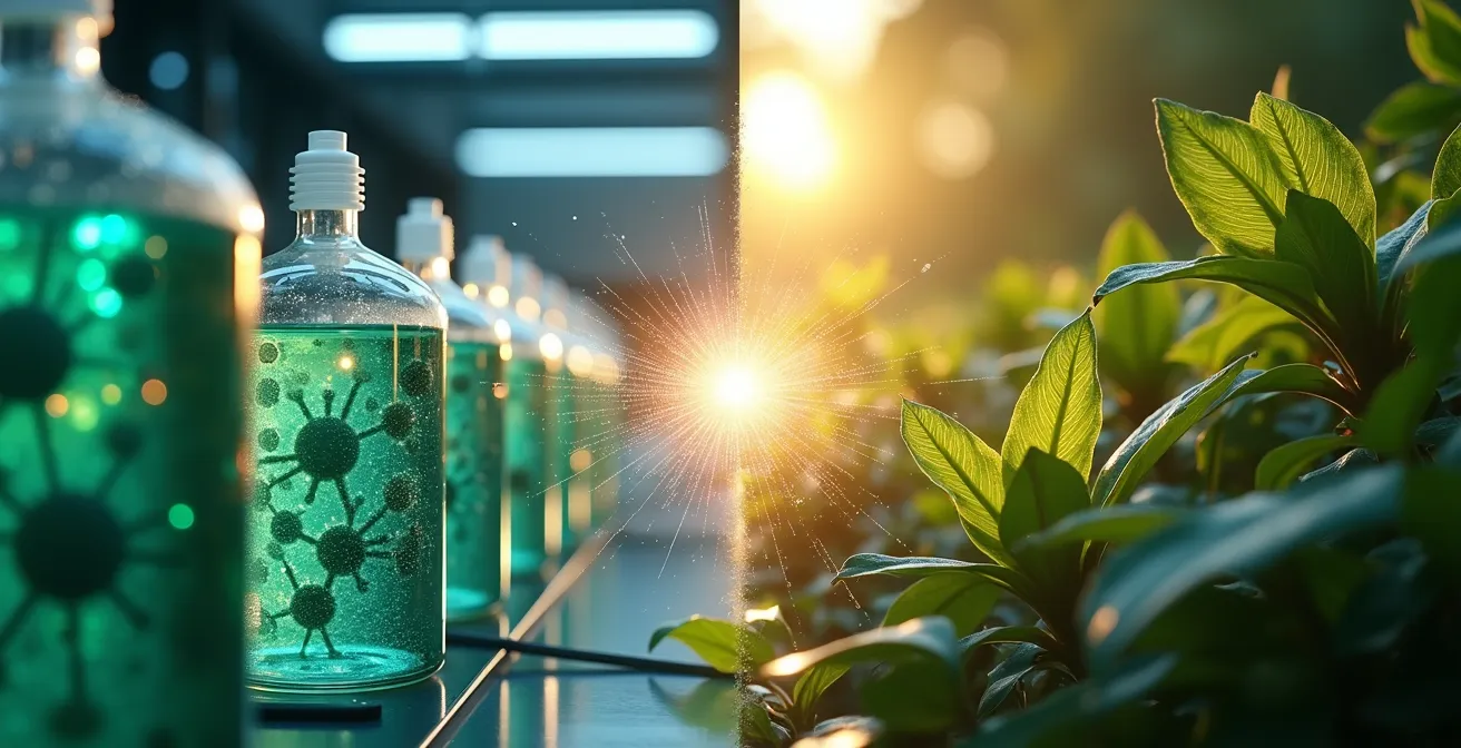 Représentation visuelle de la bio-fermentation produisant des actifs cosmétiques durables en laboratoire
