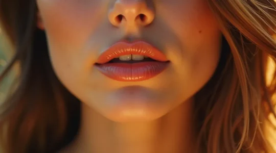 Femme aux lèvres pulpeuses, définies et naturelles avec un sourire subtil et harmonieux