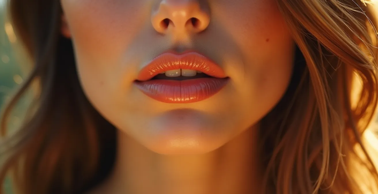 Femme aux lèvres pulpeuses, définies et naturelles avec un sourire subtil et harmonieux