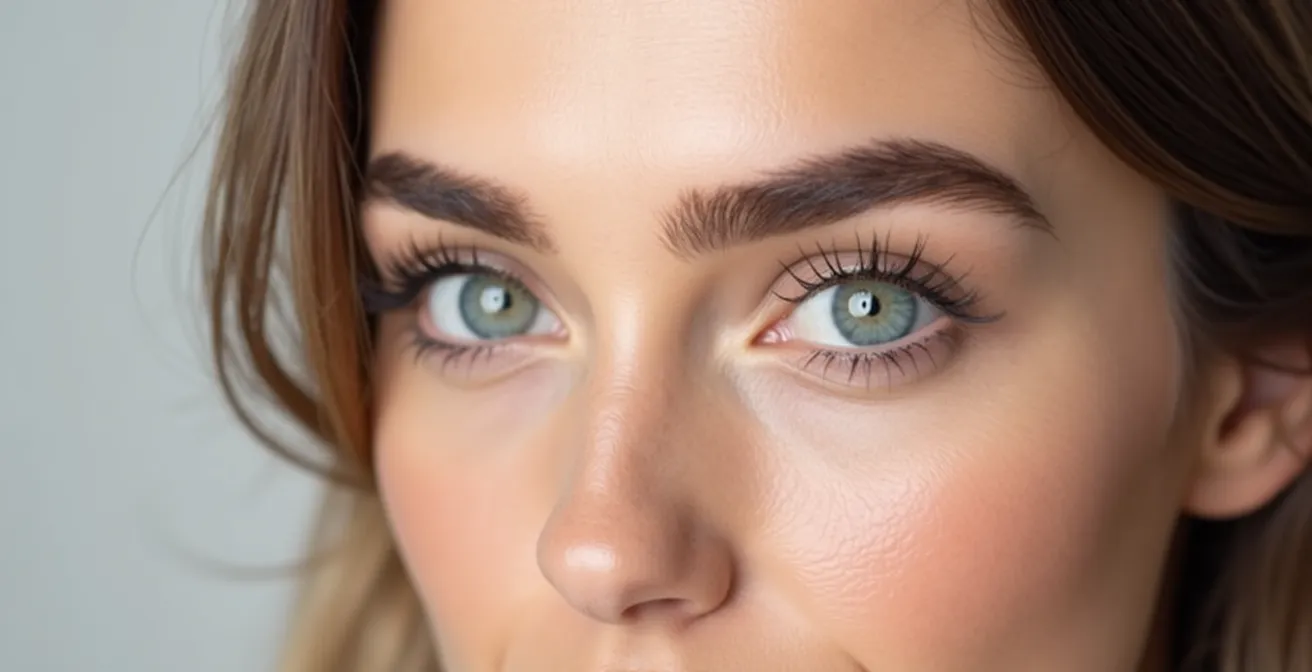 Visage de femme montrant la technique du brow lift avec sourcils relevés rehaussant le regard de façon spectaculaire.
