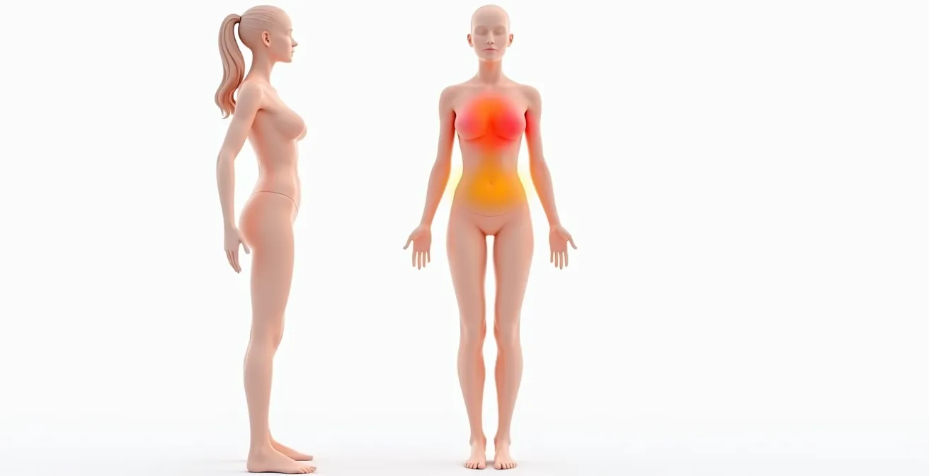 Silhouette féminine montrant cartographie de sensibilité à la douleur selon zones du corps : zones sensibles vs tolérables