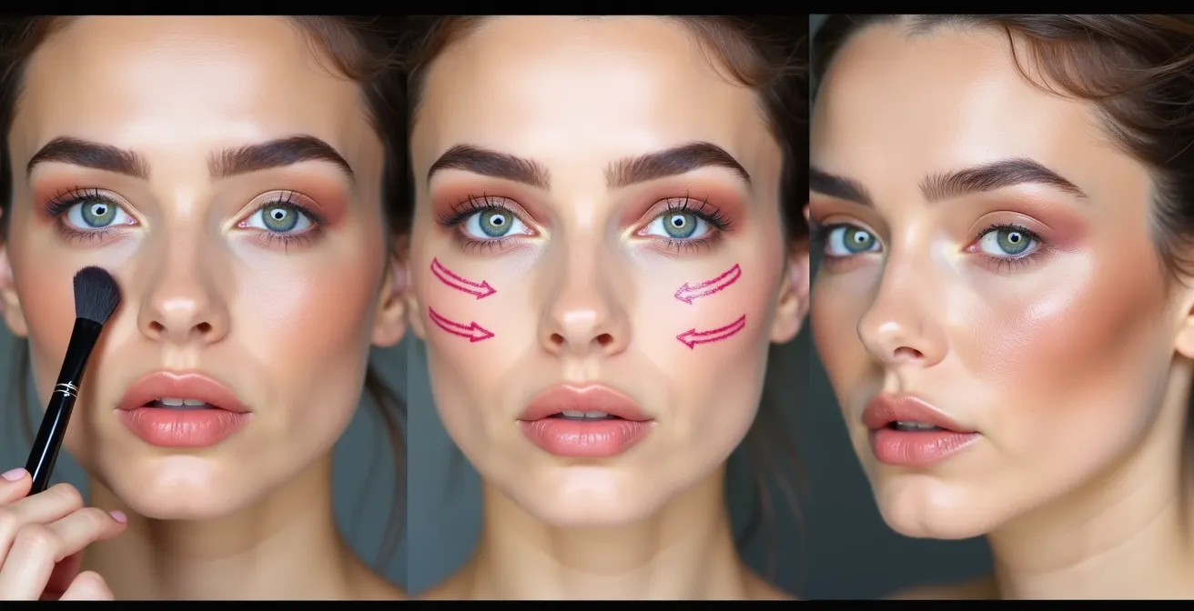 Schéma visuel montrant les trois étapes du contouring de la mâchoire : application, estompage, et finition