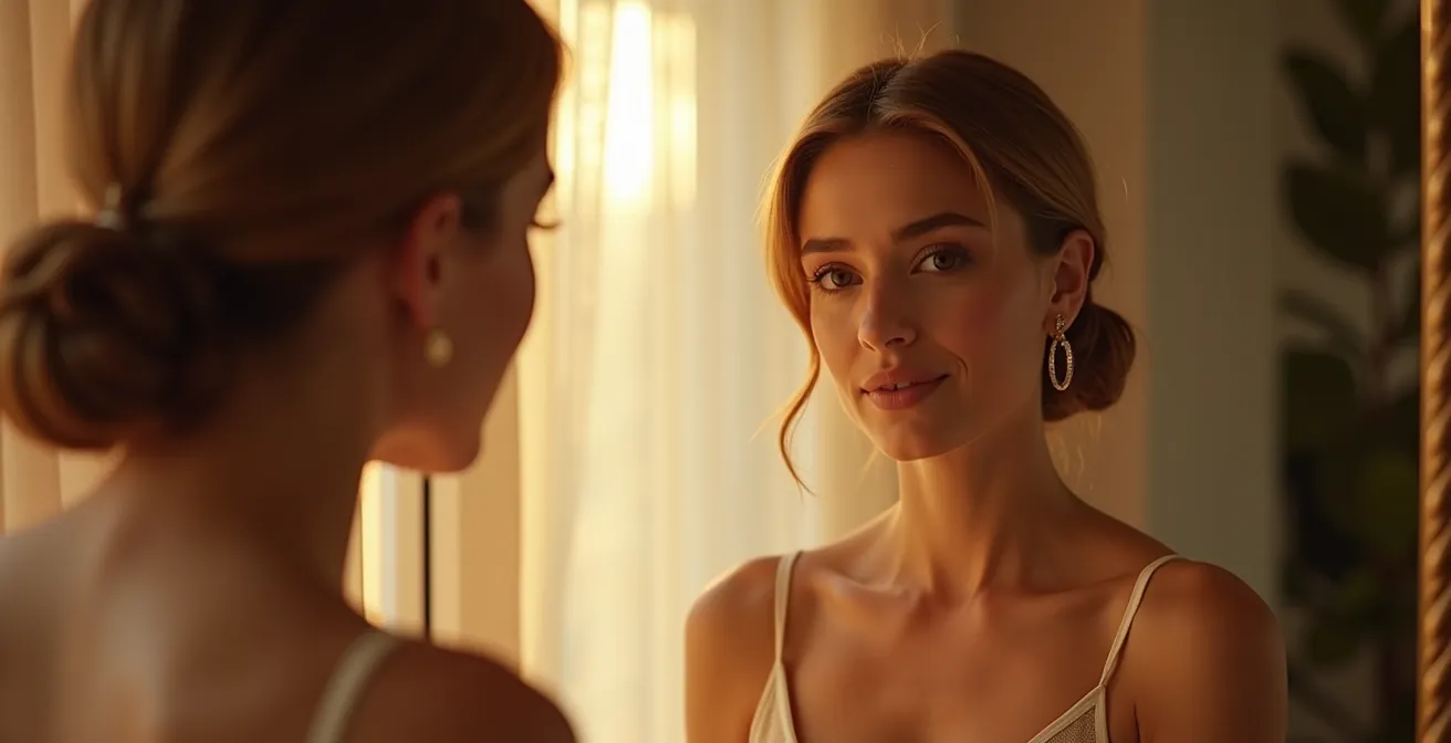 Femme se regardant dans un miroir avec une expression de confiance et d'affirmation de soi, lumière douce et bienveillante