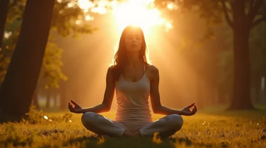 Femme sereine en méditation, symbolisant l'harmonie entre le corps et l'esprit dans un environnement naturel apaisant
