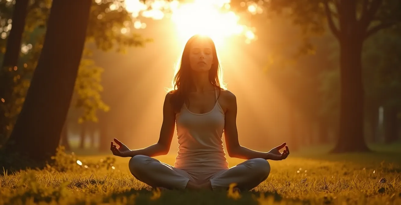 Femme sereine en méditation, symbolisant l'harmonie entre le corps et l'esprit dans un environnement naturel apaisant