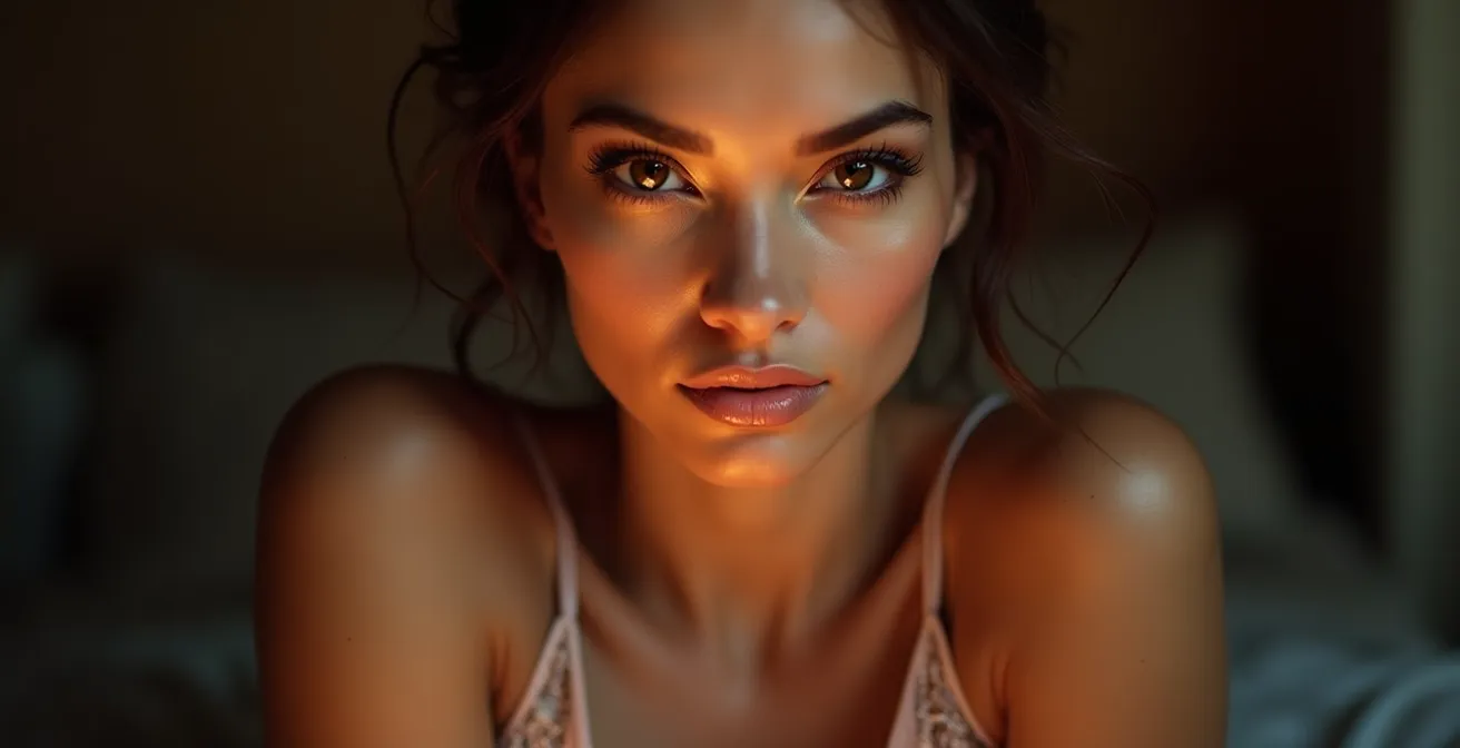 Gros plan sur un regard magnifié avec yeux intense et lumineux, maquillage sublimé sur fond neutre.