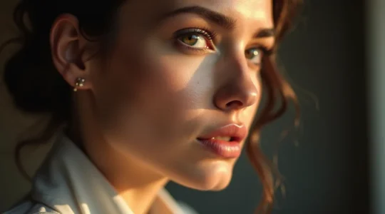 Visage féminin avec une mâchoire nette et définie, ovale rajeuni et contours marqués sans chirurgie