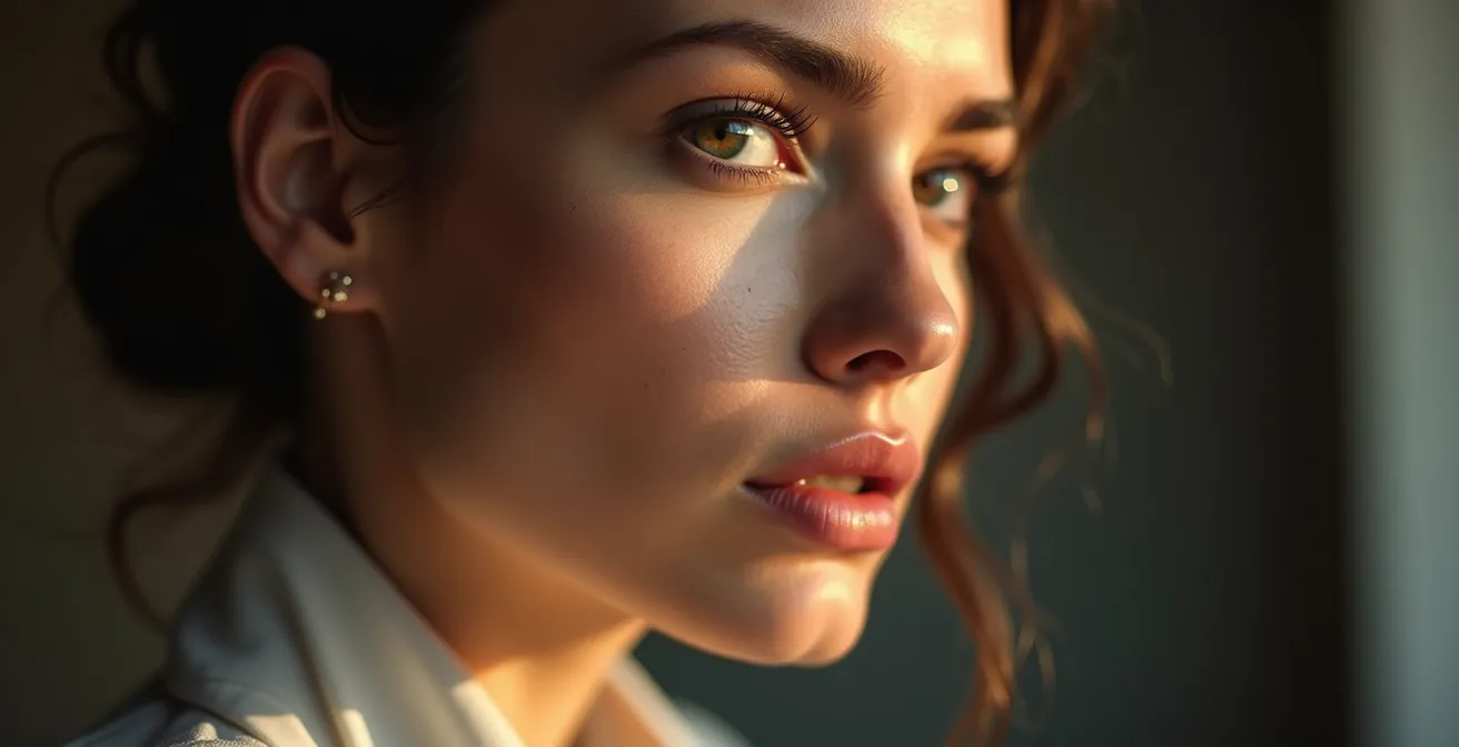 Visage féminin avec une mâchoire nette et définie, ovale rajeuni et contours marqués sans chirurgie