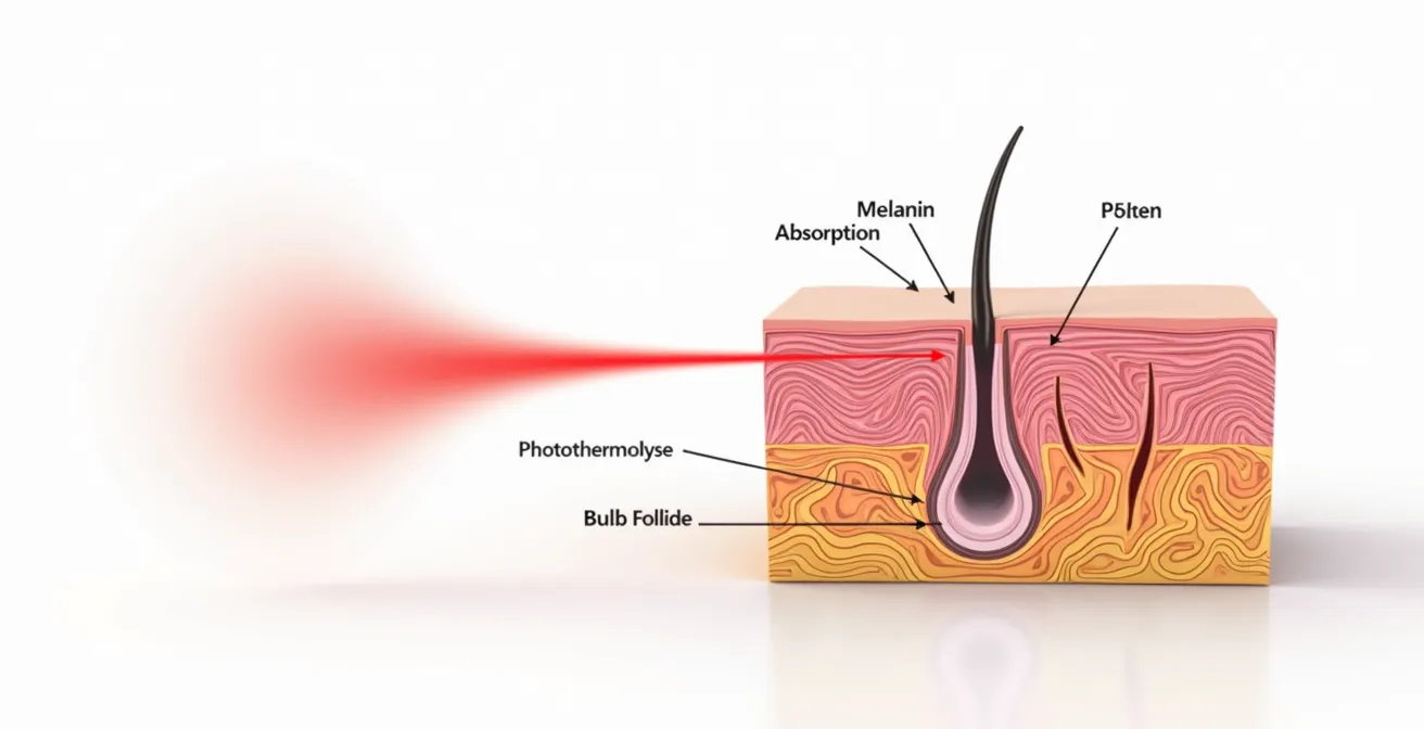 Diagramme scientifique du mécanisme de fonctionnement du laser Alexandrite : absorption lumière, conversion chaleur, destruction follicule