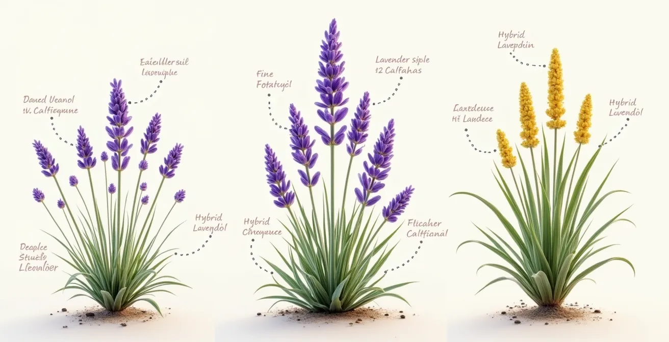 Comparaison visuelle des trois variétés de lavande avec leurs molécules actives représentées visuellement
