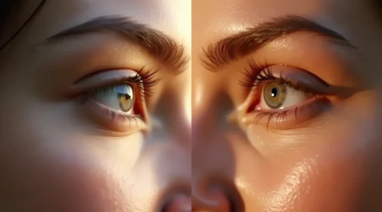 Illustration conceptuelle montrant le contour des yeux rajeuni avec lifting plasma, avant et après, mettant en évidence l'ouverture du regard et la fermeté accrue de la peau.