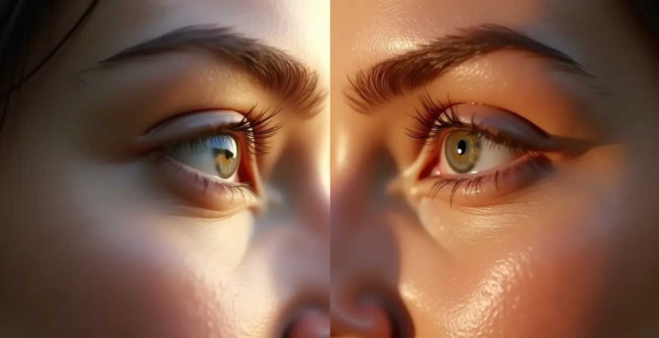 Illustration conceptuelle montrant le contour des yeux rajeuni avec lifting plasma, avant et après, mettant en évidence l'ouverture du regard et la fermeté accrue de la peau.