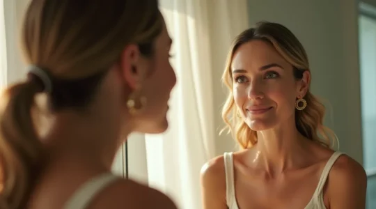 Une femme regardant son reflet dans un miroir avec confiance, montrant une peau radieuse et naturelle, illustrant la beauté honnête sans chirurgie