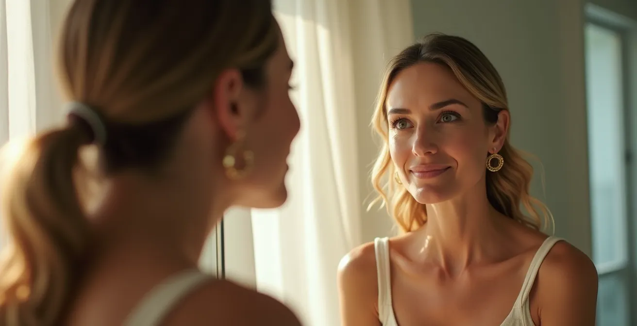 Une femme regardant son reflet dans un miroir avec confiance, montrant une peau radieuse et naturelle, illustrant la beauté honnête sans chirurgie
