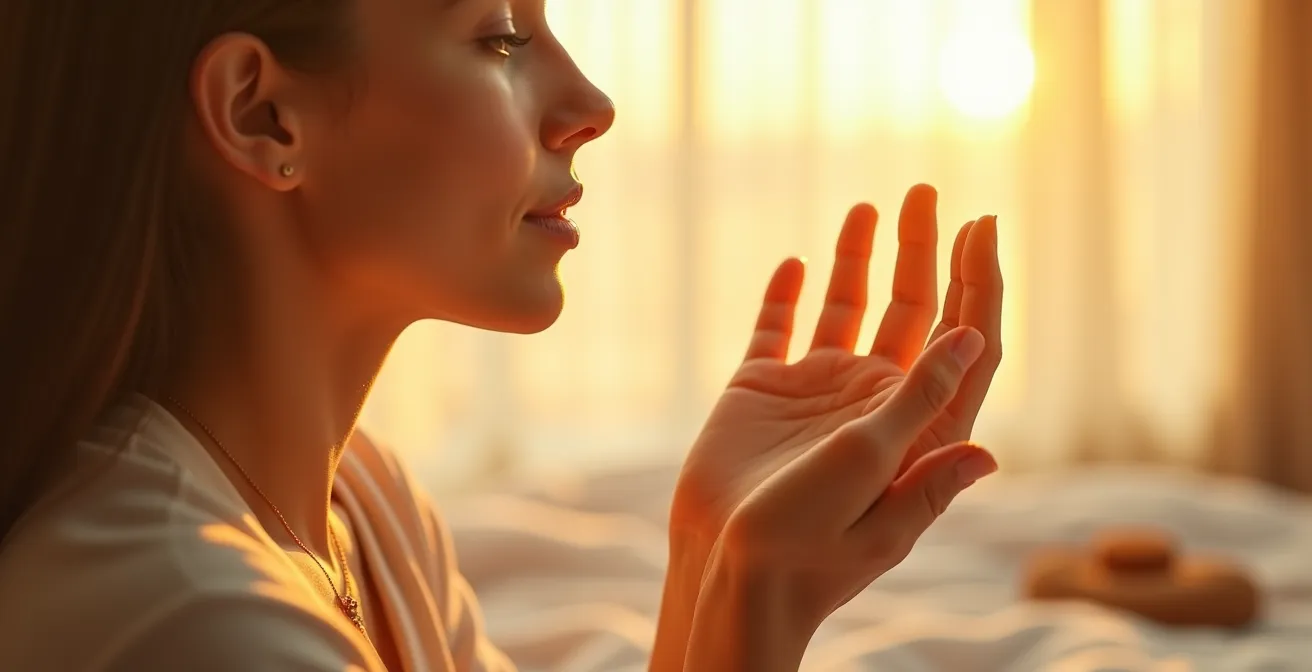 Une femme sereine pratiquant l'auto-soin holistique, nourissant son esprit et sa peau avec bienveillance