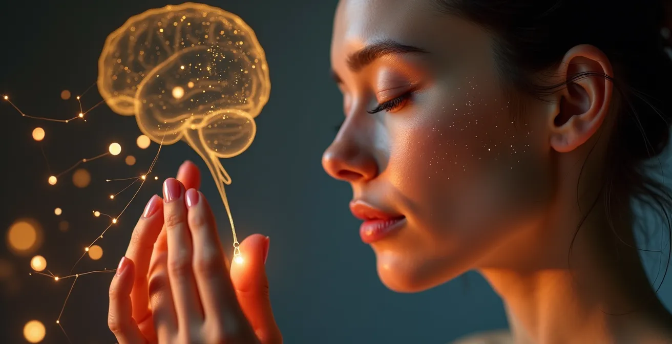 Illustration conceptuelle montrant la connexion entre les récepteurs cutanés et le cerveau via les neurocosmétiques