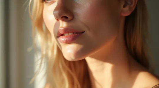 Visage féminin avec peau lisse et uniforme, sans imperfections, grain de peau affiné, teint radieux et lumineux