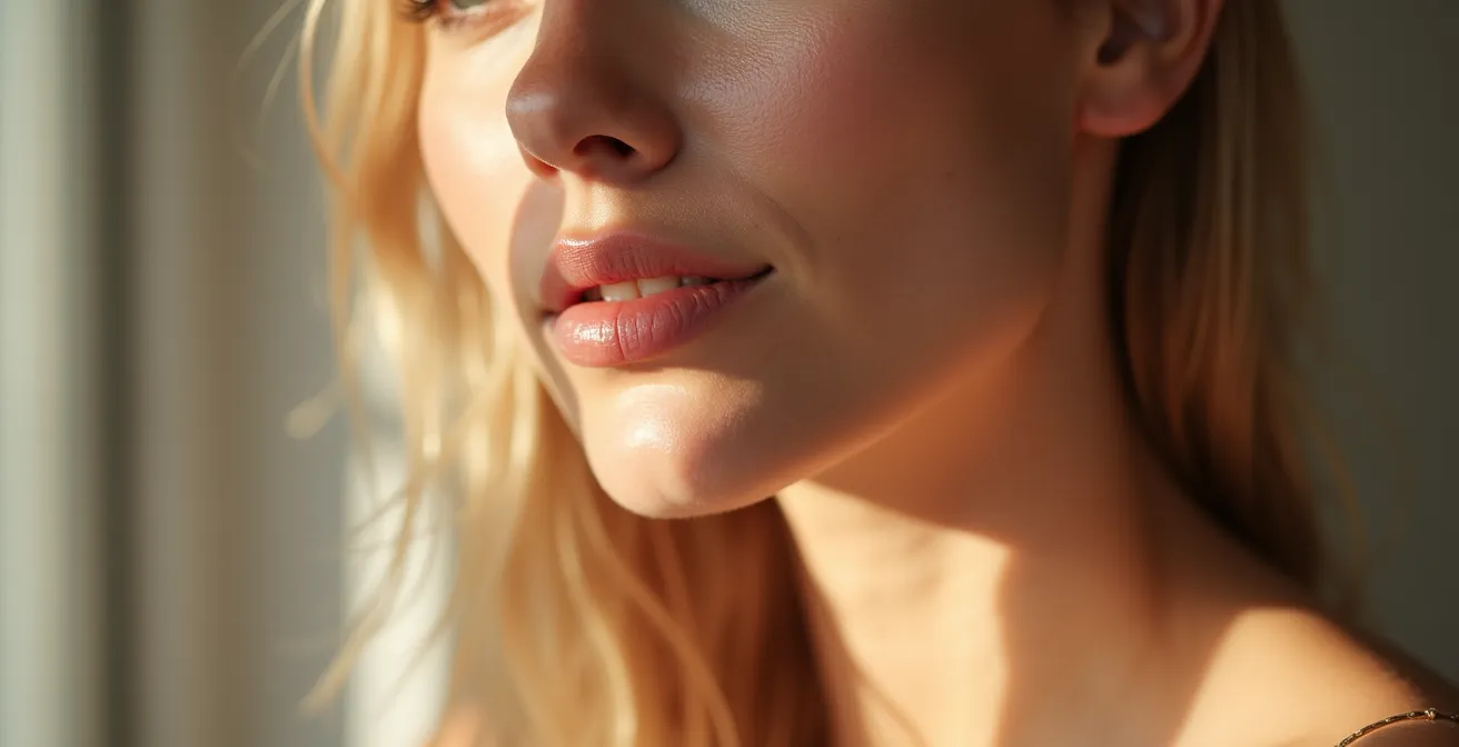 Visage féminin avec peau lisse et uniforme, sans imperfections, grain de peau affiné, teint radieux et lumineux