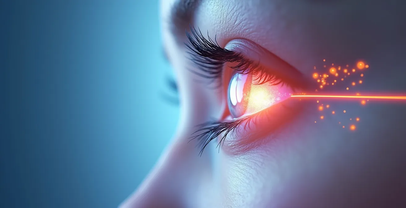 Schéma technique du plasma lift : arc électrique soulevant la peau de la paupière sans contact direct.