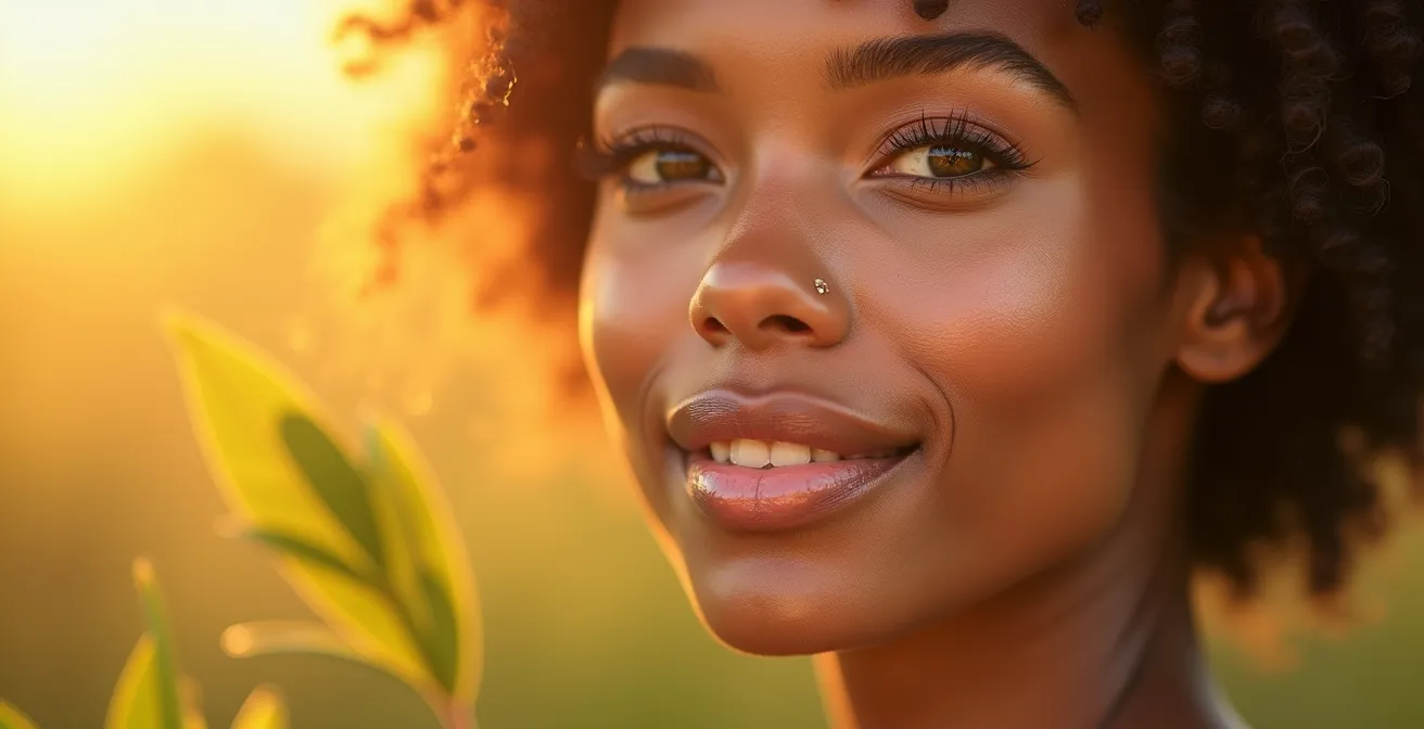 Femme aux traits lumineux et fermes, avec une peau radieuse, symbole du rajeunissement naturel et de la vitalité cutanée sans intervention chirurgicale