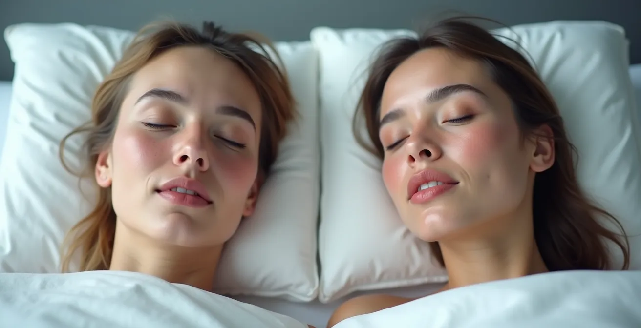 Vue latérale d'un visage endormi montrant la compression faciale contre un oreiller traditionnel, contrée avec un oreiller ergonomique qui minimise la pression et les rides du sommeil