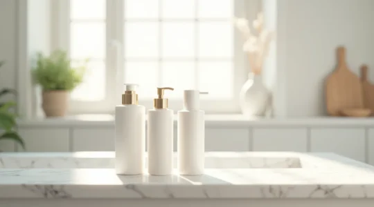 Illustration d'une routine skincare minimaliste avec trois produits essentiels sur une surface épurée