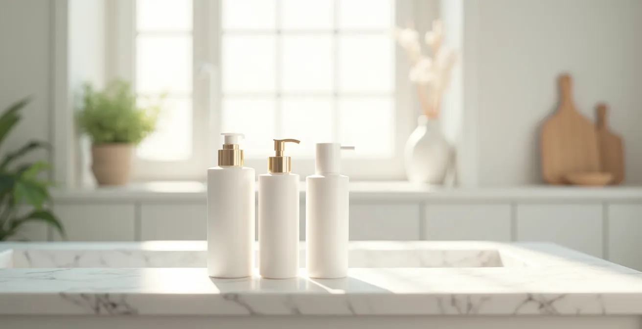Illustration d'une routine skincare minimaliste avec trois produits essentiels sur une surface épurée