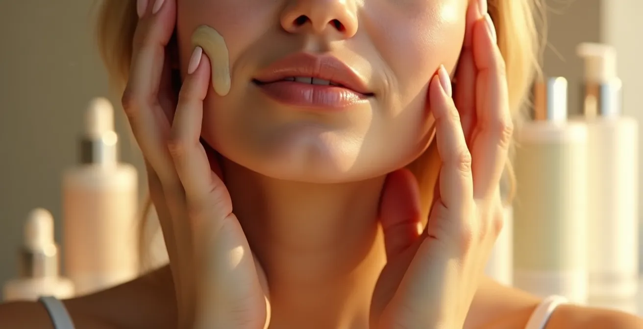 Femme appliquant ses soins du visage selon une routine bien structurée avec gestes experts