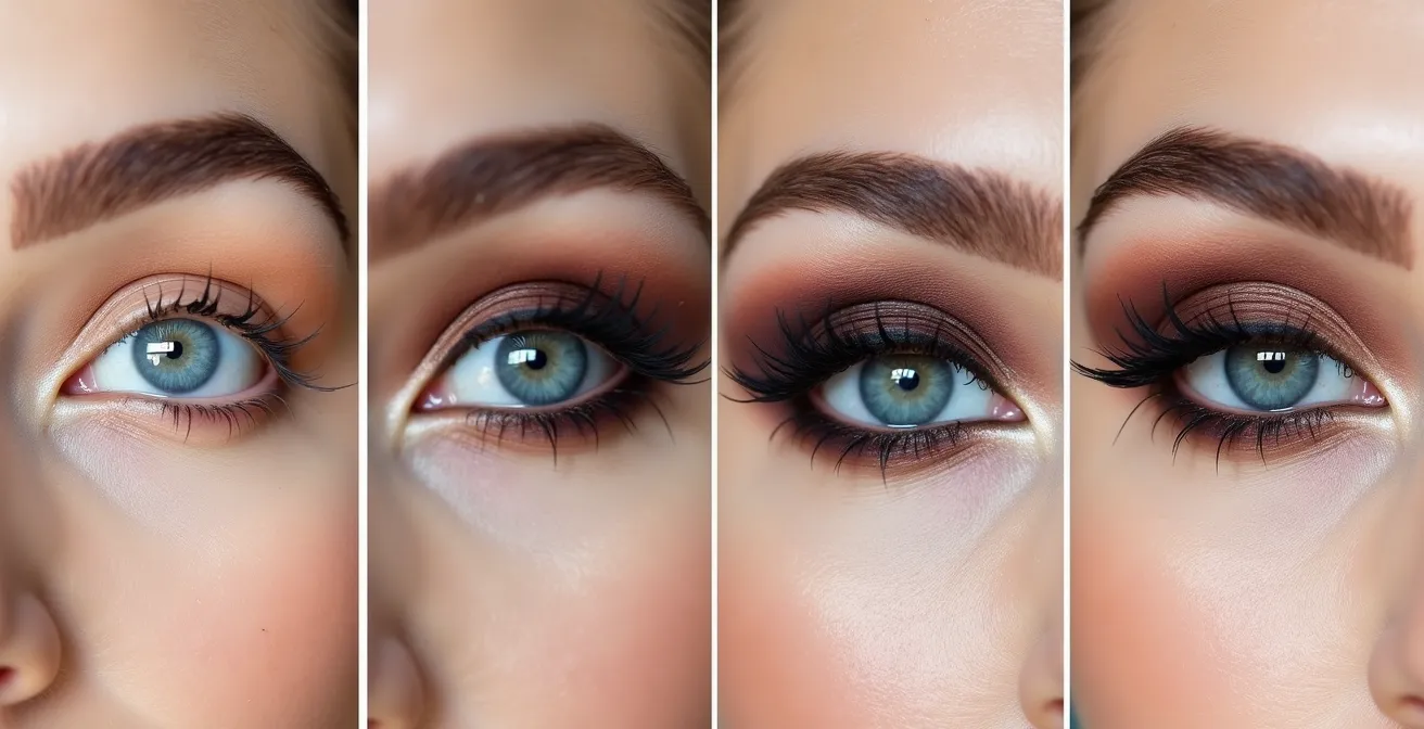 Illustration d'étapes du smoky eye avec dégradé de couleurs noir et brun, montrant la technique de fusion.