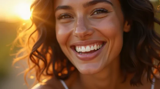 Visage radieux de femme souriante affichant des dents blanches et un sourire lumineux capturant l'essence de la beauté naturelle.