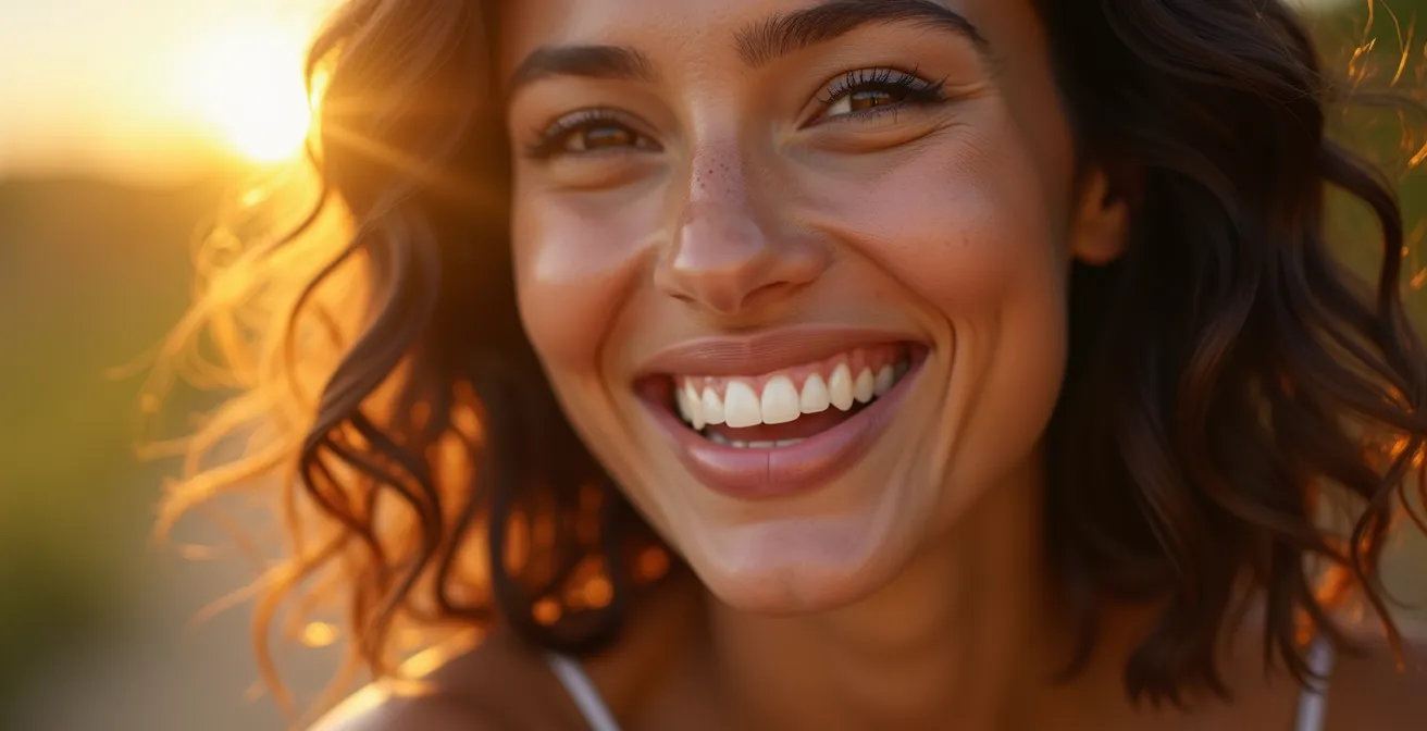 Visage radieux de femme souriante affichant des dents blanches et un sourire lumineux capturant l'essence de la beauté naturelle.
