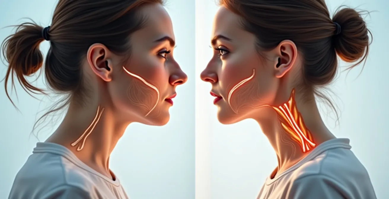 Comparaison visuelle entre une mauvaise posture (tech neck) causant des rides du cou et une posture correcte préservant la jeunesse du cou et du décolleté