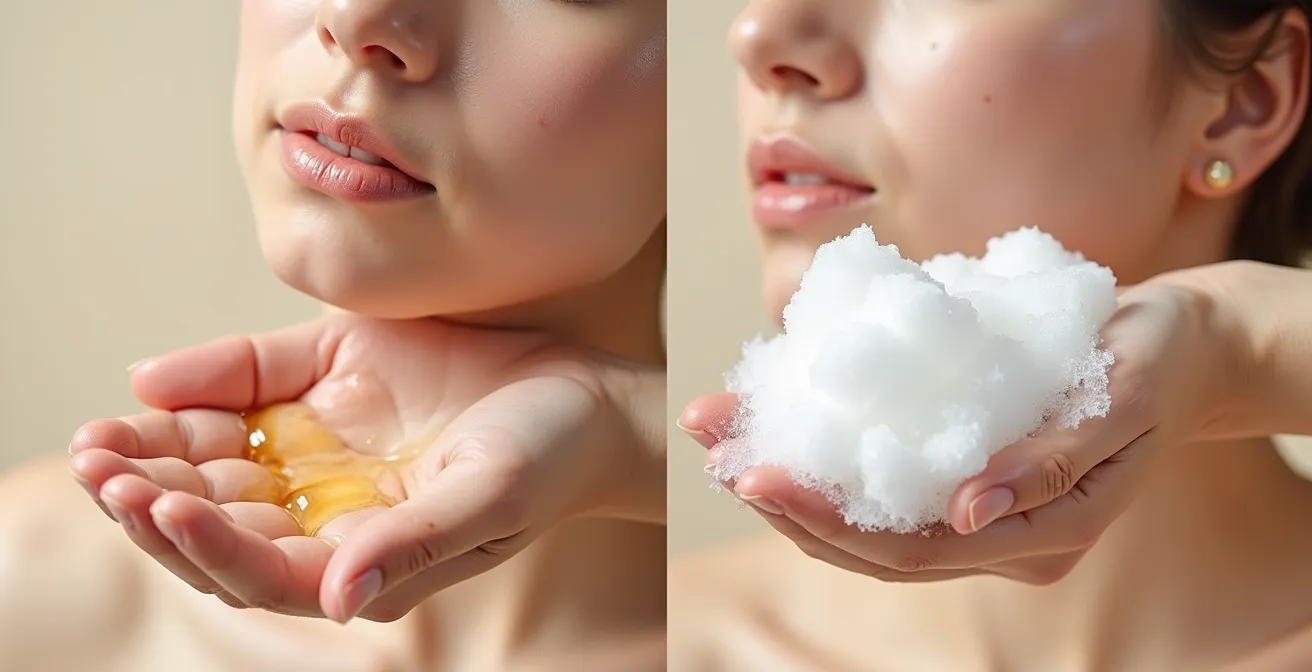 Étapes du double nettoyage : application d'huile nettoyante puis nettoyant aqueux sur le visage