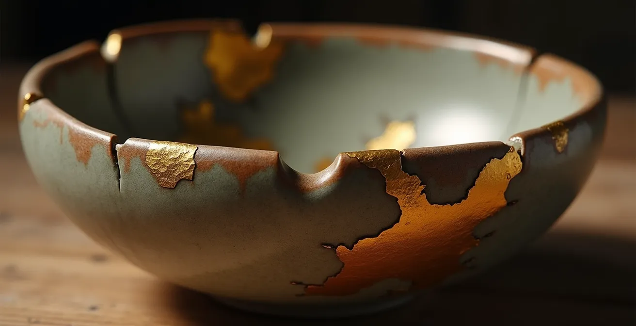 Bol de céramique réparé avec de l'or illustrant la philosophie Kintsugi et l'acceptation des imperfections