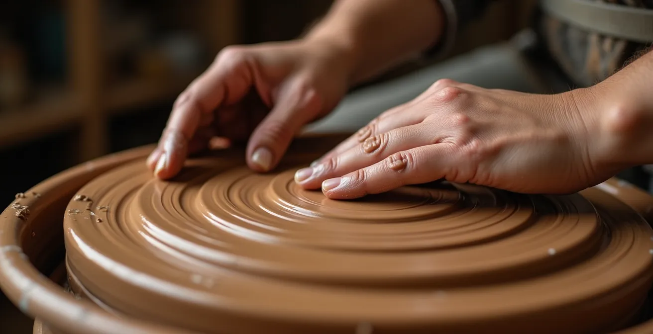 Gros plan macro sur des mains travaillant l'argile avec texture et détails visibles