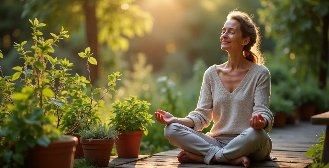 Femme en méditation entourée de plantes adaptogènes dans un jardin zen