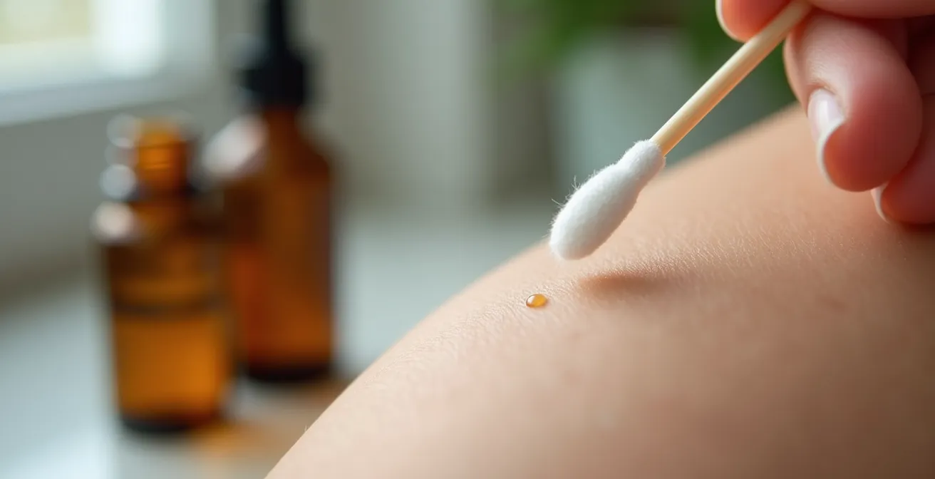 Main appliquant délicatement l'huile essentielle de lavande sur la peau avec un coton-tige