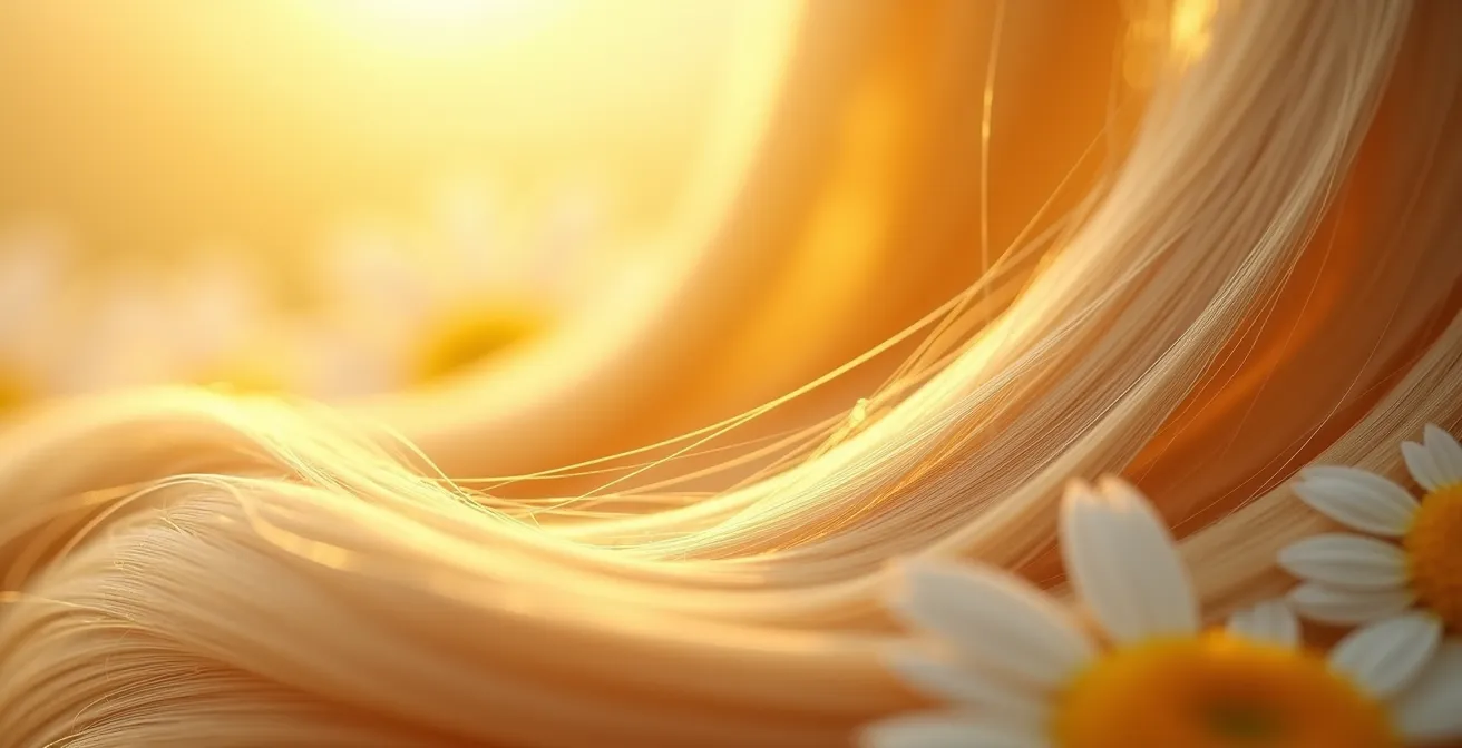 Cheveux blonds dorés illuminés par la lumière naturelle avec des fleurs de camomille