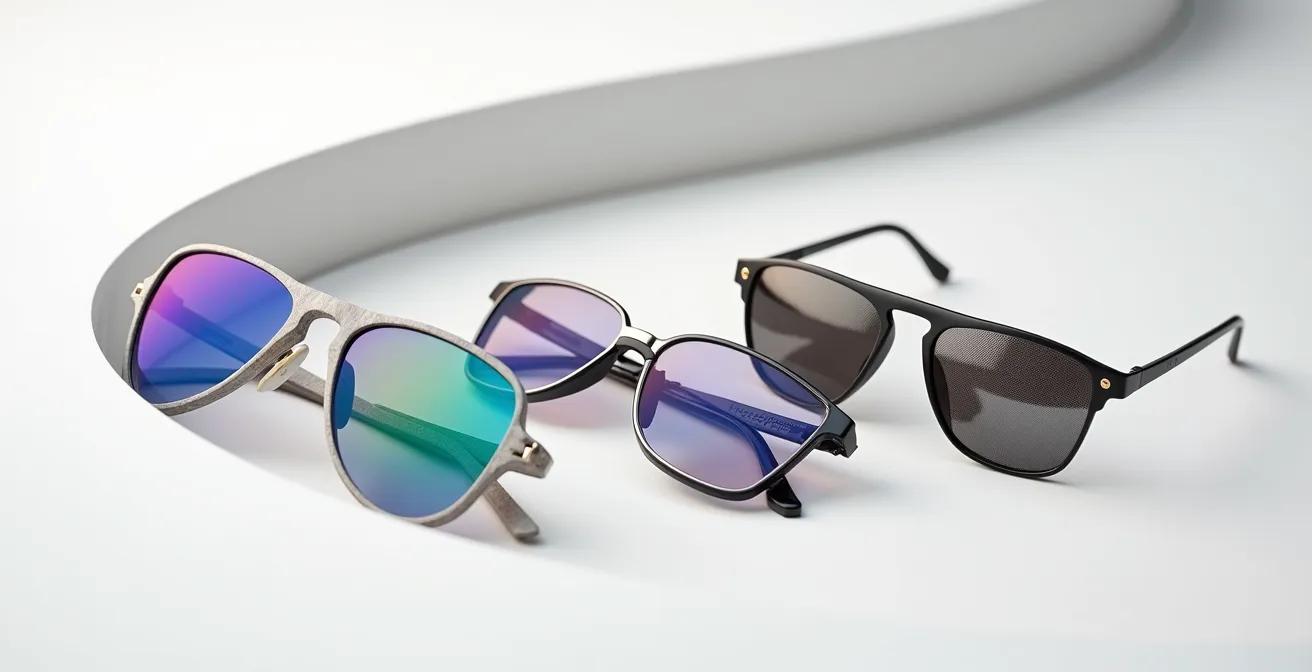 Trois styles de lunettes futuristes disposés sur surface minimaliste : shield, géométrique et coloré