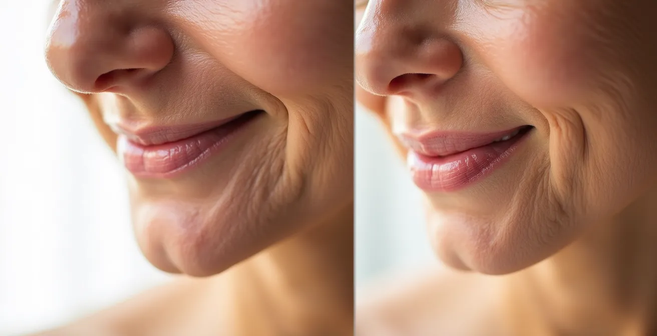 Comparaison macro de la texture de la peau montrant l'amélioration de la fermeté