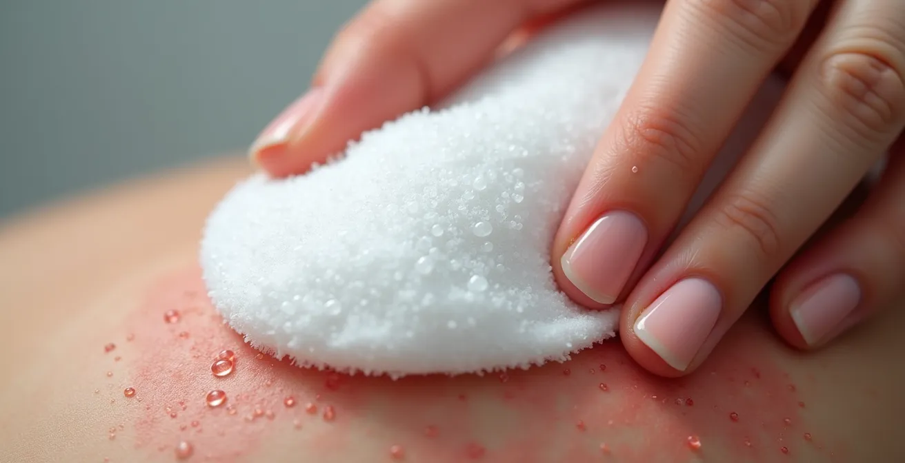 Compresse imbibée d'eau thermale appliquée sur une peau rougie pour apaiser une irritation.