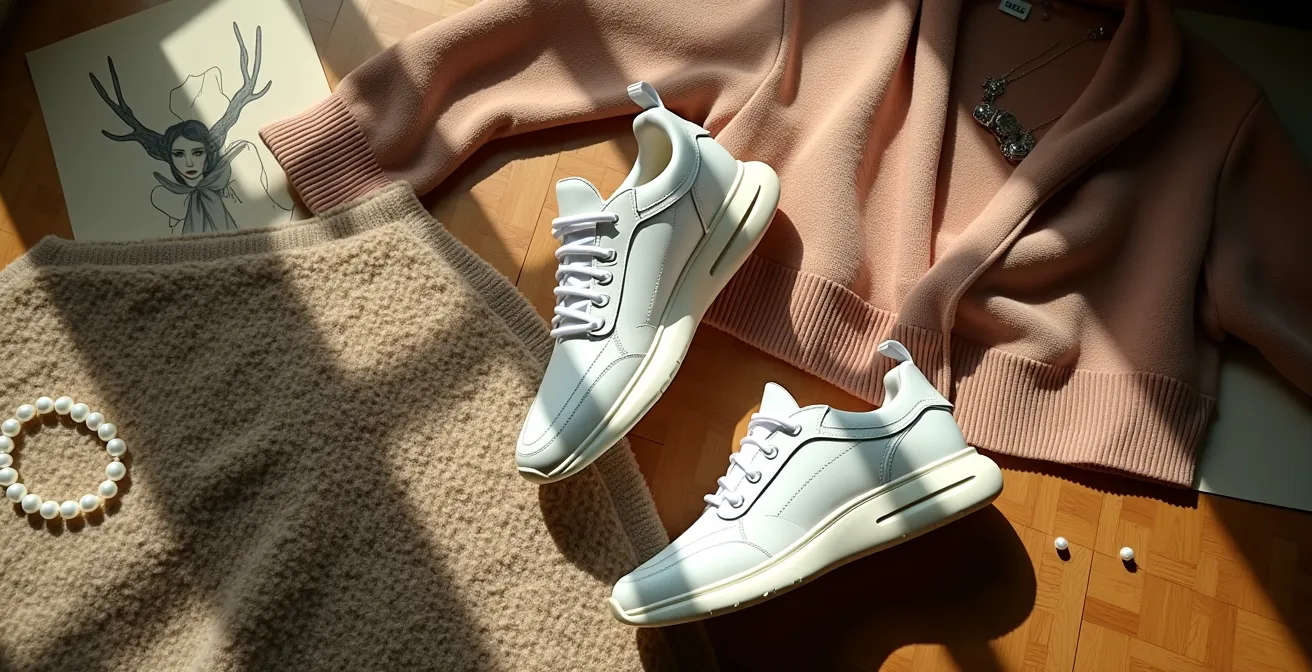 Composition élégante mêlant jupe en tweed et sneakers oversize dans un décor parisien