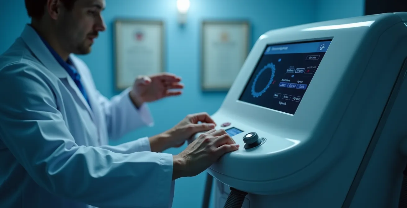 Médecin vérifiant les paramètres d'un appareil de cryolipolyse certifié CE médical