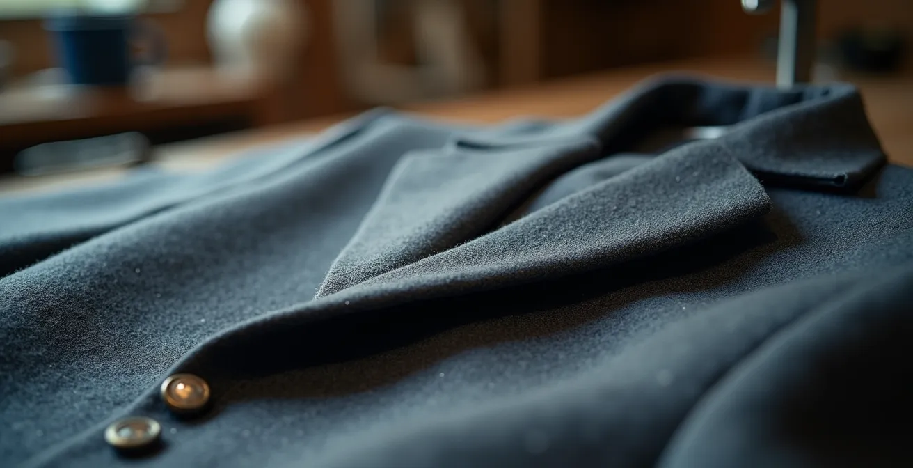 Gros plan sur les détails de qualité d'un vêtement : coutures, boutons et finitions
