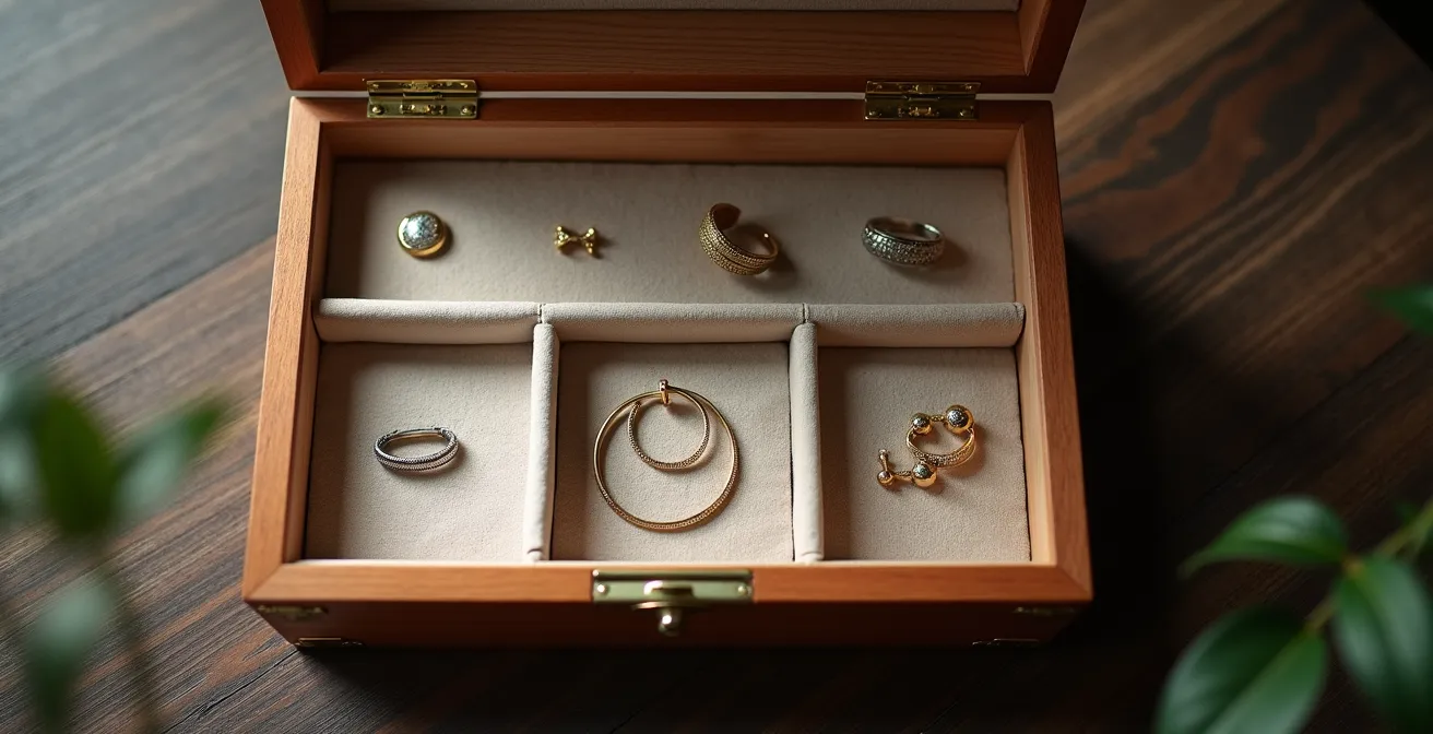 Organisation élégante d'une boîte à bijoux avec compartiments séparés