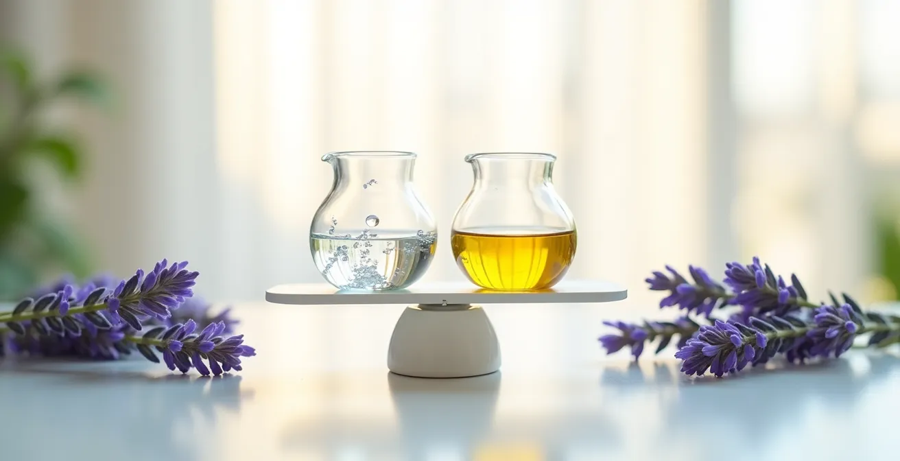 Illustration symbolique de l'équilibre de la peau grasse avec des soins naturels