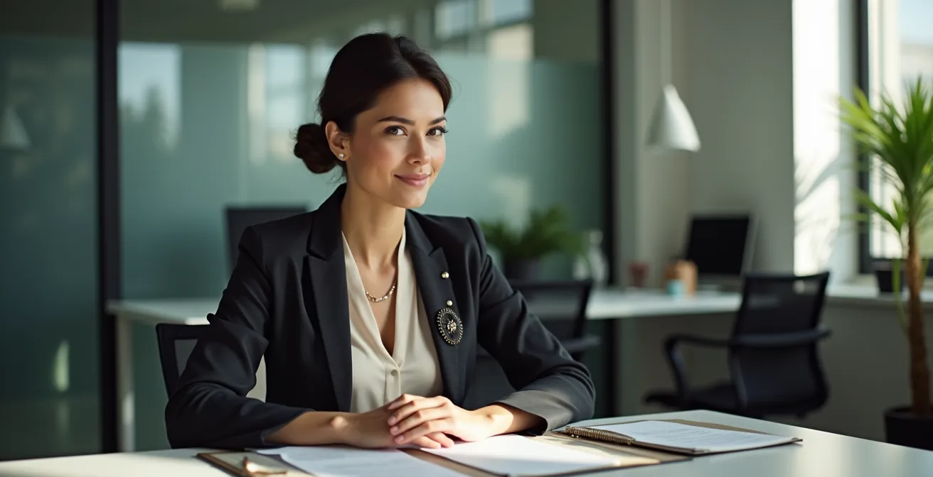 Femme professionnelle dans un bureau moderne portant un ensemble élégant avec touches personnelles
