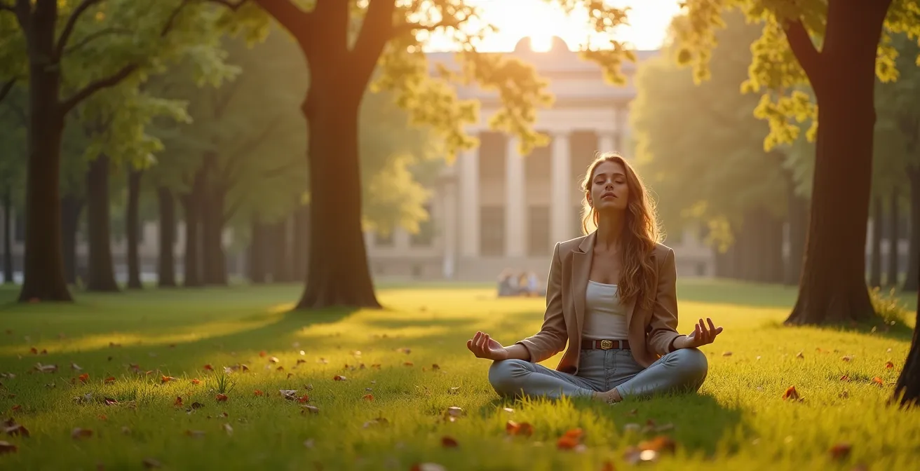 Femme pratiquant la méditation dans un parc parisien pour gérer le stress