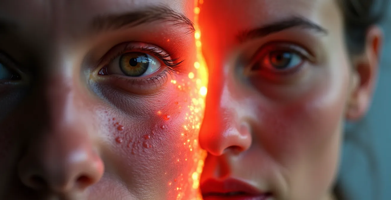 Vue microscopique stylisée de l'inflammation cutanée et du vieillissement cellulaire accéléré.