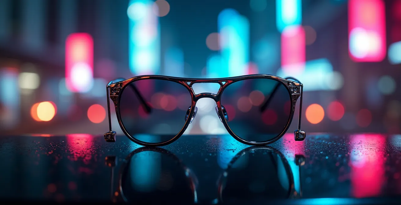 Composition artistique de lunettes futuristes inspirées de l'esthétique cyberpunk sur fond urbain nocturne